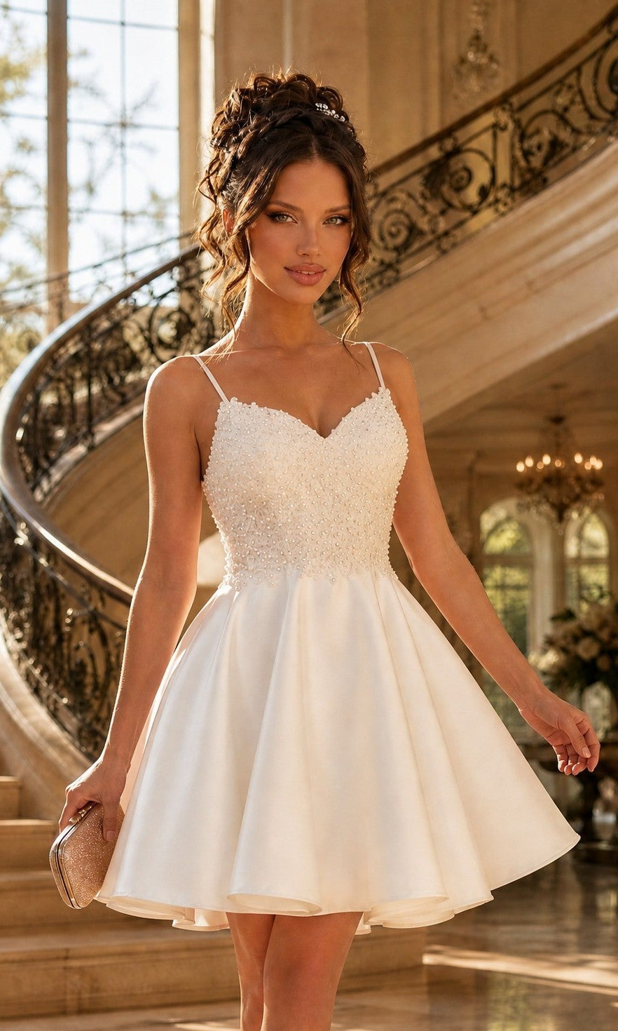 A woman in an off-white Beaded-Bodice Short A-Line Homecoming Dress XR6008 stands indoors before a grand staircase, holding a small clutch purse.